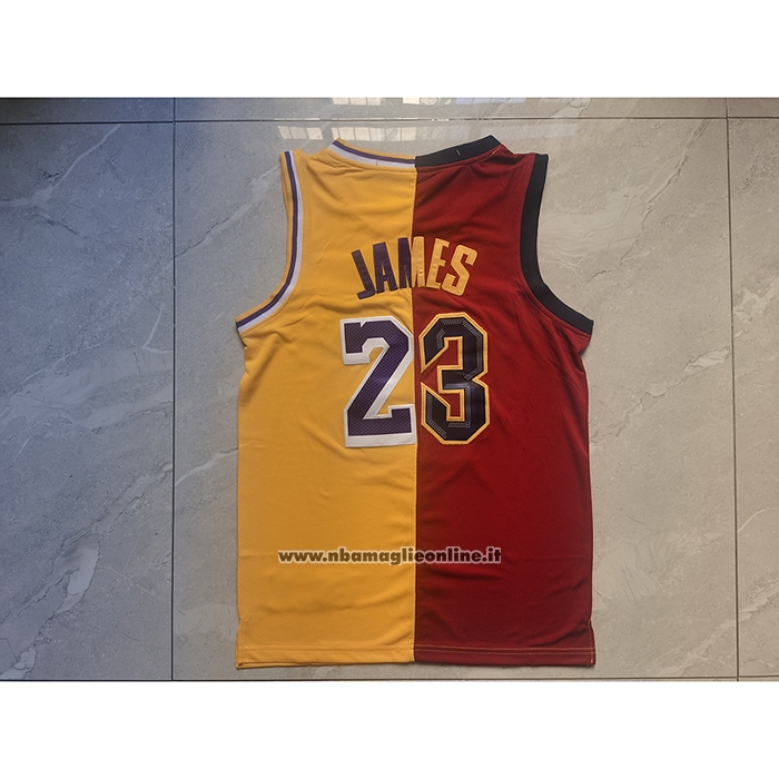 Maglia Cleveland Cavaliers Los Angeles Lakers LeBron James #23 Split Rosso Giallo